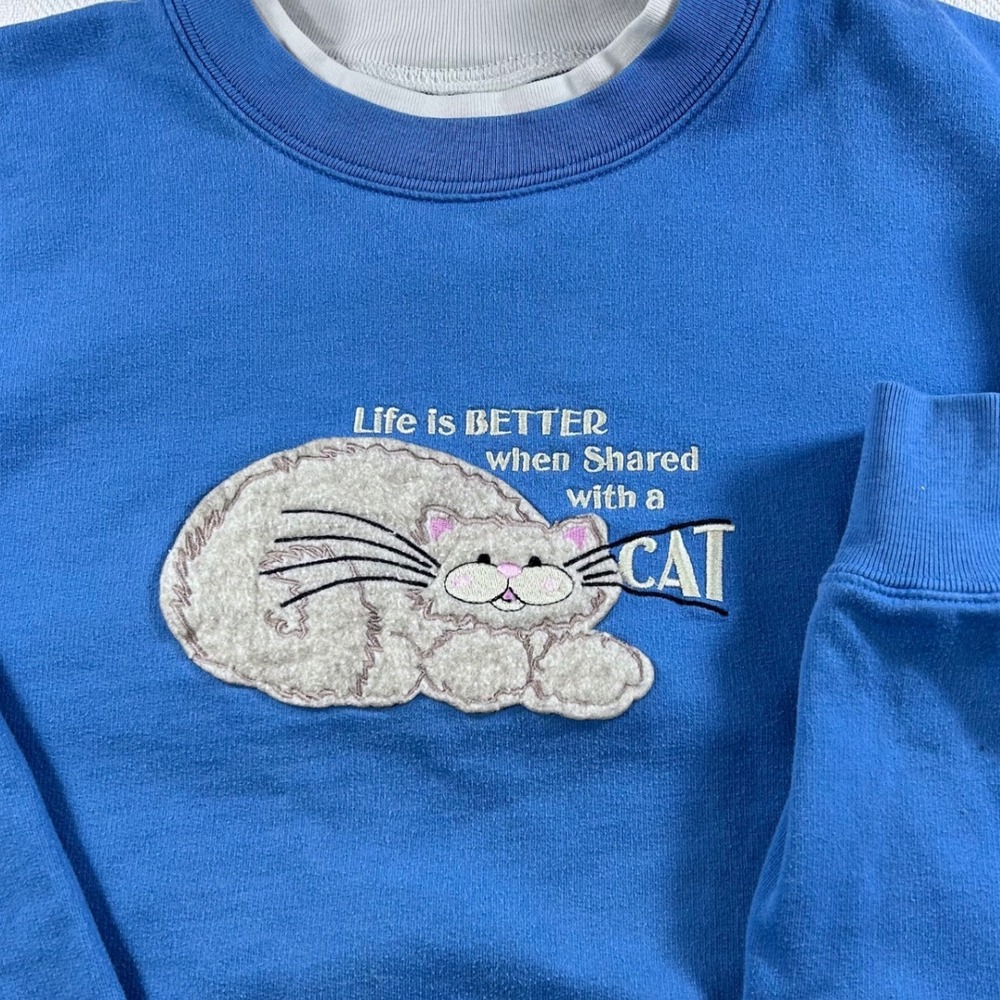 VTG 90's Blue Crewneck Cat Lover Sweatshirt Cottage Core Nostalgic - Picture 3 of 4